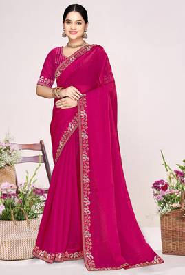 Magenta sequin embellish work satin silk blend saree sari for women 1