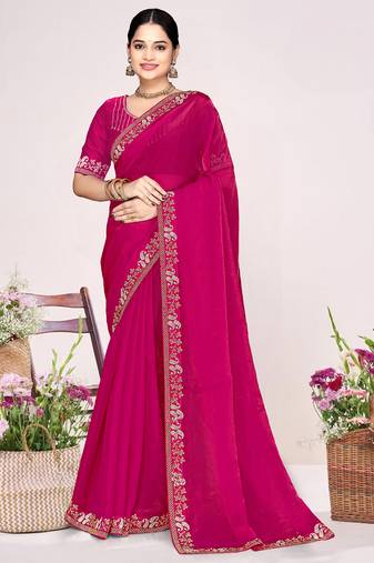 Magenta sequin embellish work satin silk saree sari for women