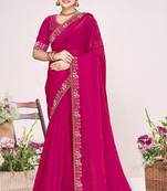 Magenta sequin embellish work satin silk saree sari for women