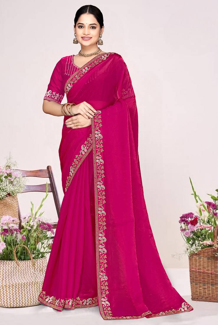 Magenta sequin embellish work satin silk saree sari for women