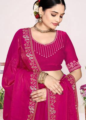 Magenta sequin embellish work satin silk blend saree sari for women 2