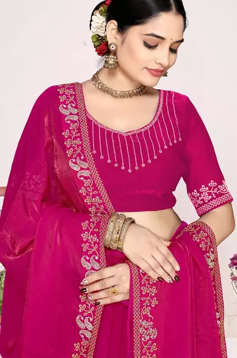 Magenta sequin embellish work satin silk blend saree sari for women