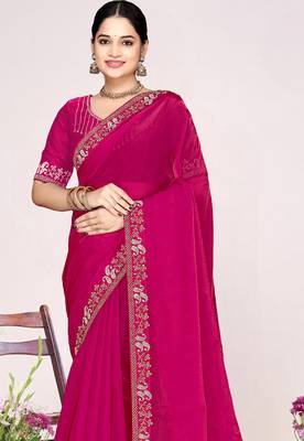 Magenta sequin embellish work satin silk blend saree sari for women 3