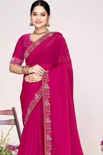 Magenta sequin embellish work satin silk blend saree sari for women