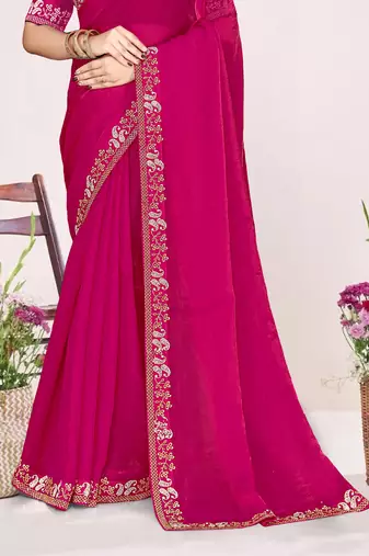 Magenta sequin embellish work satin silk blend saree sari for women