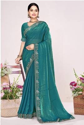Teal sequin embellish work satin silk blend saree sari for women 1