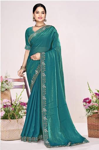 Teal sequin embellish work satin silk saree sari for women