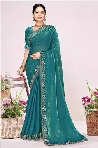 Teal sequin embellish work satin silk saree sari for women