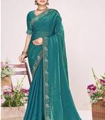 Teal sequin embellish work satin silk saree sari for women