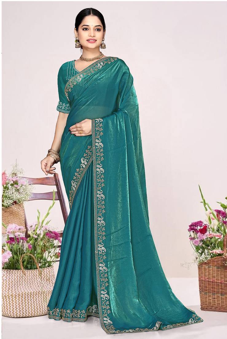 Teal sequin embellish work satin silk saree sari for women