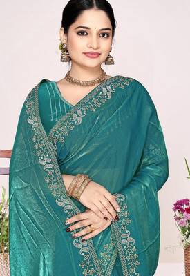 Teal sequin embellish work satin silk blend saree sari for women 2