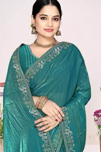 Teal sequin embellish work satin silk blend saree sari for women