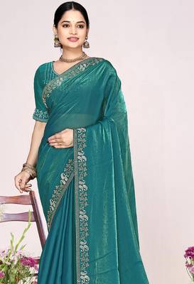 Teal sequin embellish work satin silk blend saree sari for women 3