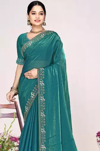 Teal sequin embellish work satin silk blend saree sari for women