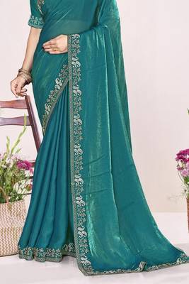 Teal sequin embellish work satin silk blend saree sari for women 4