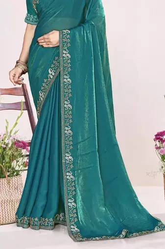 Teal sequin embellish work satin silk blend saree sari for women