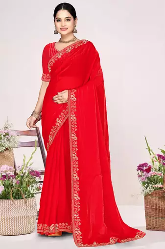 Red sequin embellish work satin silk saree sari for women