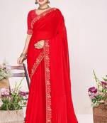 Red sequin embellish work satin silk saree sari for women