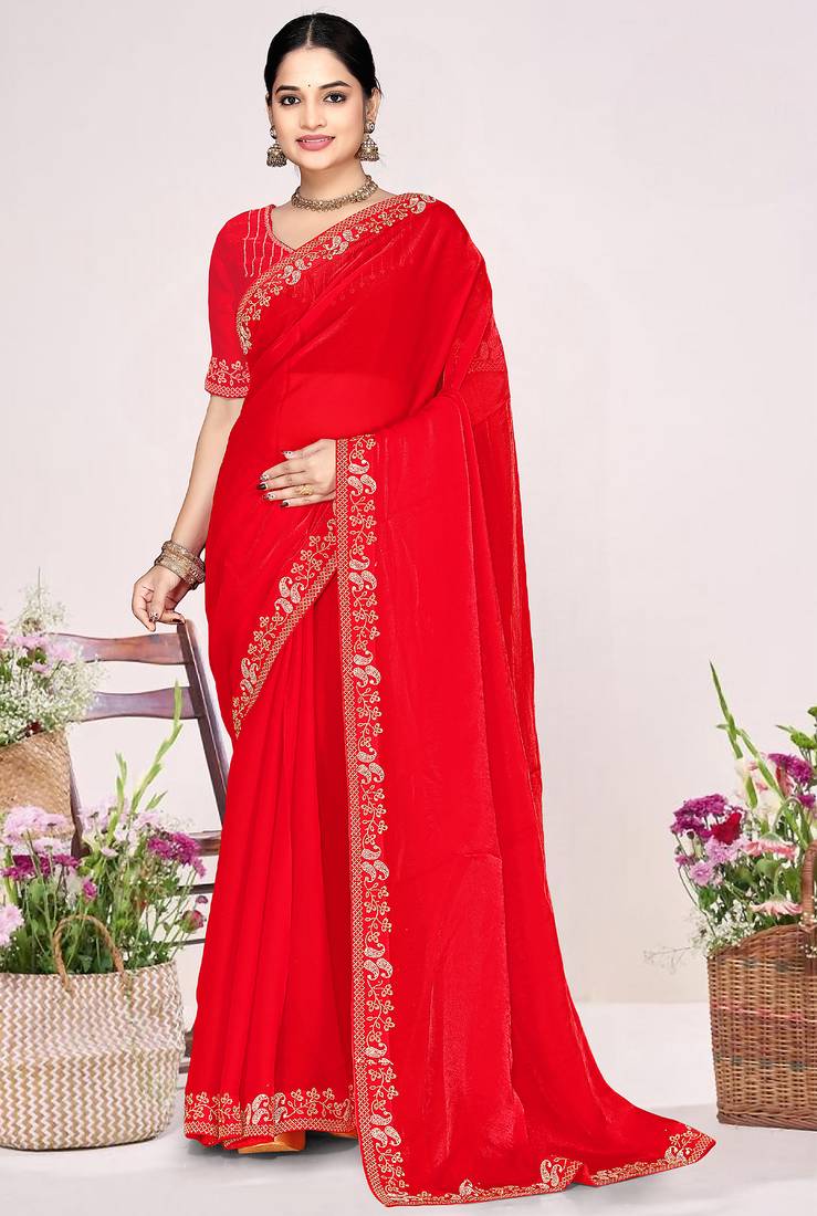 Red sequin embellish work satin silk saree sari for women