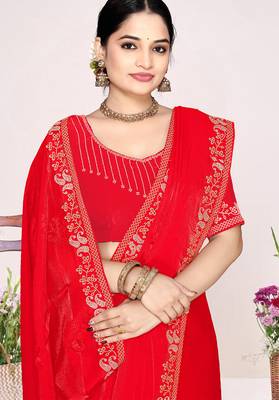 Red sequin embellish work satin silk blend saree sari for women 2
