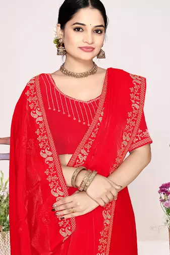 Red sequin embellish work satin silk blend saree sari for women