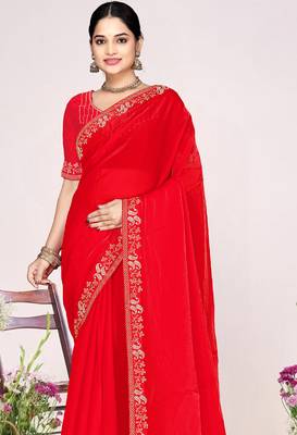 Red sequin embellish work satin silk blend saree sari for women 3