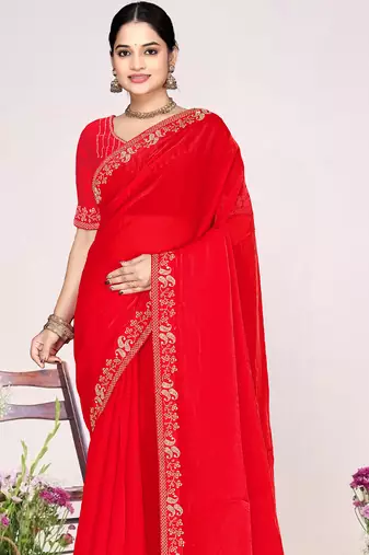 Red sequin embellish work satin silk blend saree sari for women
