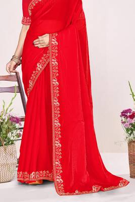 Red sequin embellish work satin silk blend saree sari for women 4