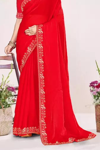 Red sequin embellish work satin silk blend saree sari for women