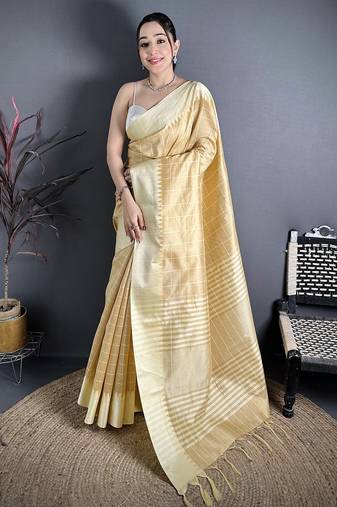 Beige raw silk saree with khadi weaving pallu & zari weaving border