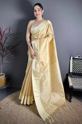Beige raw silk saree with khadi weaving pallu & zari weaving border