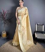 Beige raw silk saree with khadi weaving pallu & zari weaving border