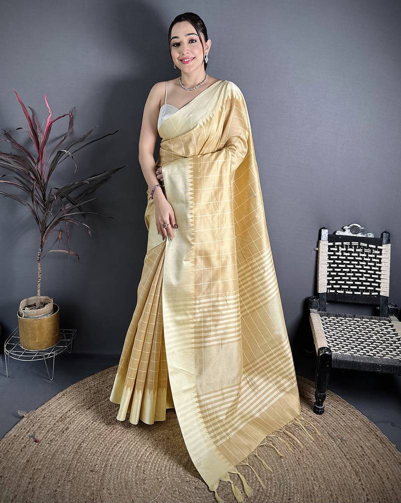 Beige raw silk saree with khadi weaving pallu & zari weaving border