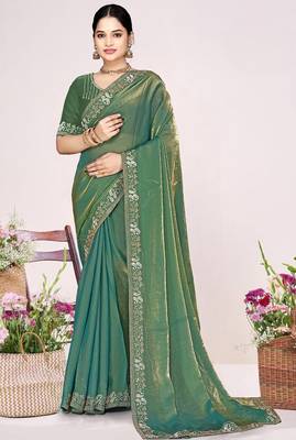 Green sequin embellish work satin silk blend saree sari for women 1