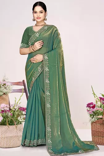 Green sequin embellish work satin silk saree sari for women