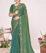 Green sequin embellish work satin silk saree sari for women