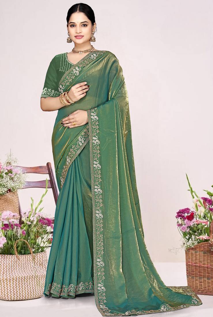 Green sequin embellish work satin silk saree sari for women