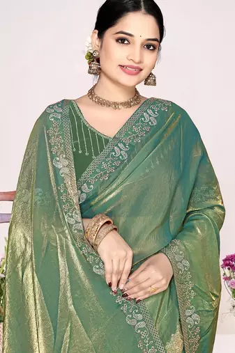 Green sequin embellish work satin silk blend saree sari for women