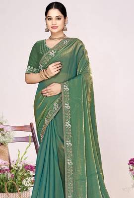 Green sequin embellish work satin silk blend saree sari for women 3