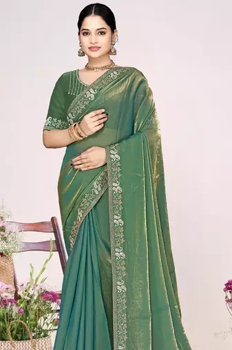 Green sequin embellish work satin silk blend saree sari for women