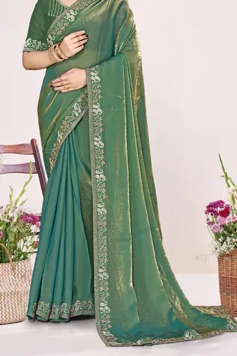 Green sequin embellish work satin silk blend saree sari for women