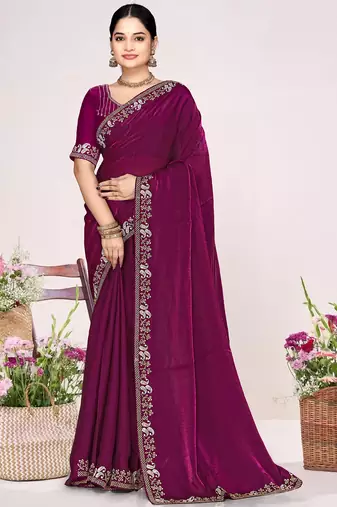 Wine sequin embellish work satin silk saree sari for women