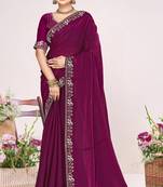Wine sequin embellish work satin silk saree sari for women
