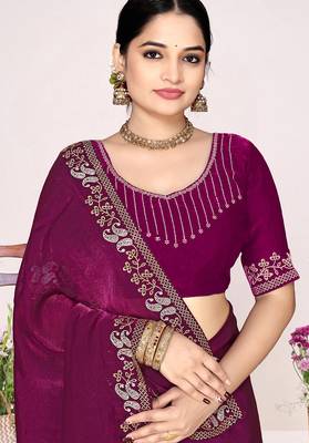 Wine sequin embellish work satin silk blend saree sari for women 2