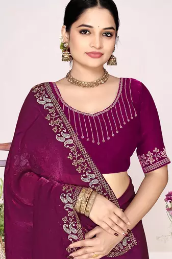 Wine sequin embellish work satin silk blend saree sari for women