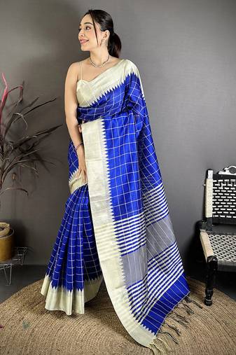 Blue raw silk saree with khadi weaving pallu & zari weaving border