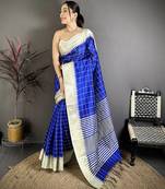 Blue raw silk saree with khadi weaving pallu & zari weaving border