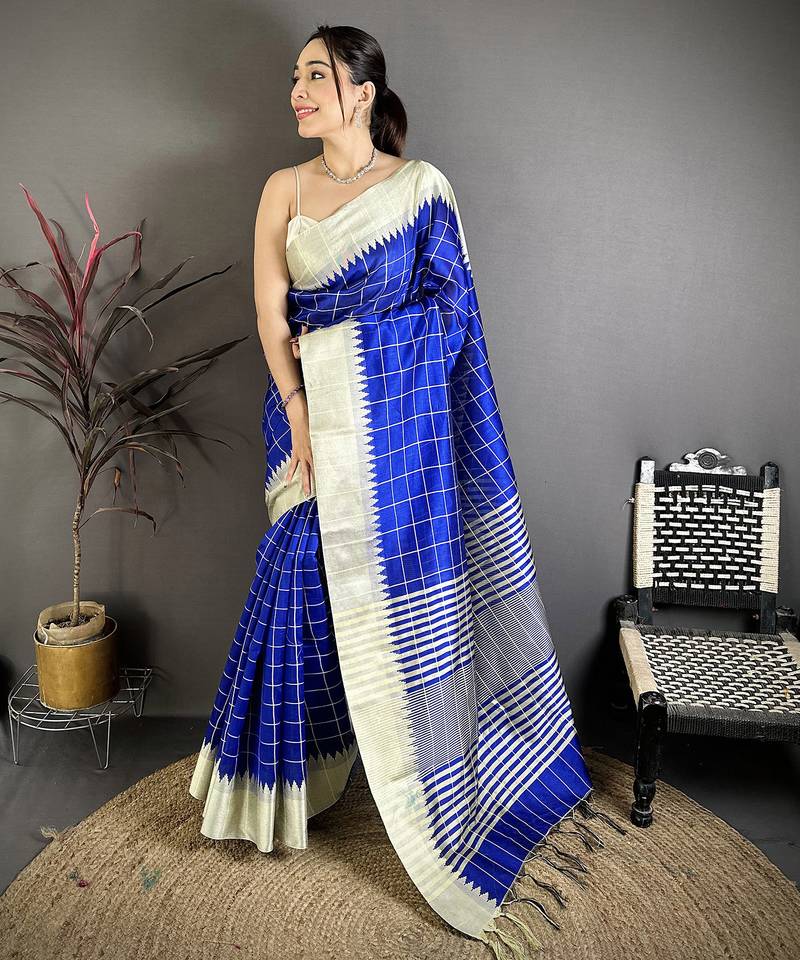 Blue raw silk saree with khadi weaving pallu & zari weaving border