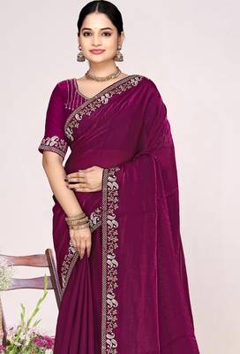 Wine sequin embellish work satin silk blend saree sari for women 3