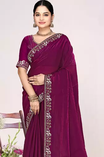 Wine sequin embellish work satin silk blend saree sari for women